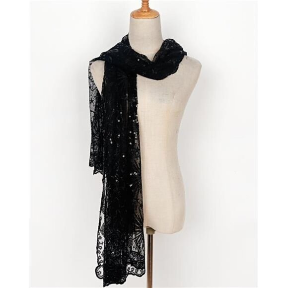 Boho‎ Black Moon & Star Sheer Mesh Sequin Embellished Shawl Wrap Scarf Formal - Picture 6 of 7